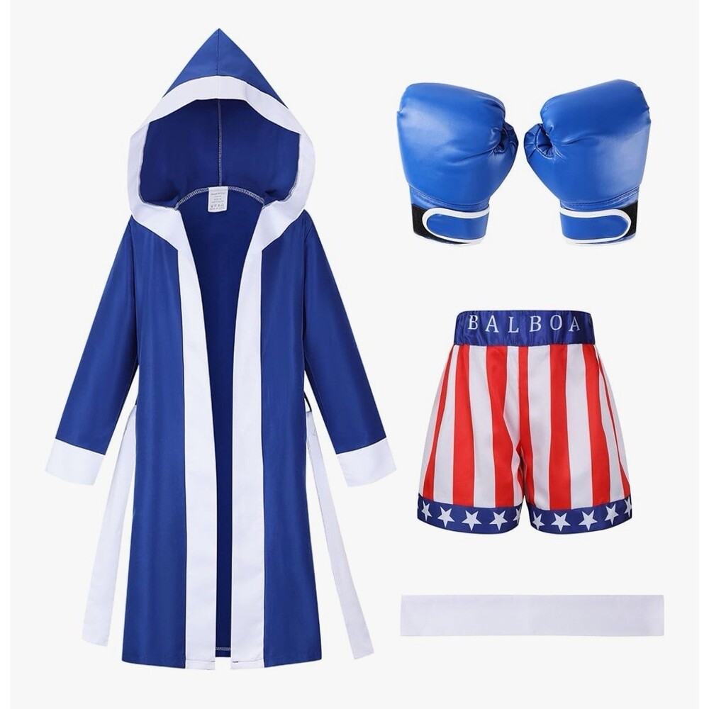 Rocky Balboa Boxer Costume Cosplay Kids Medium Shorts Robe Gloves Movie Boxing